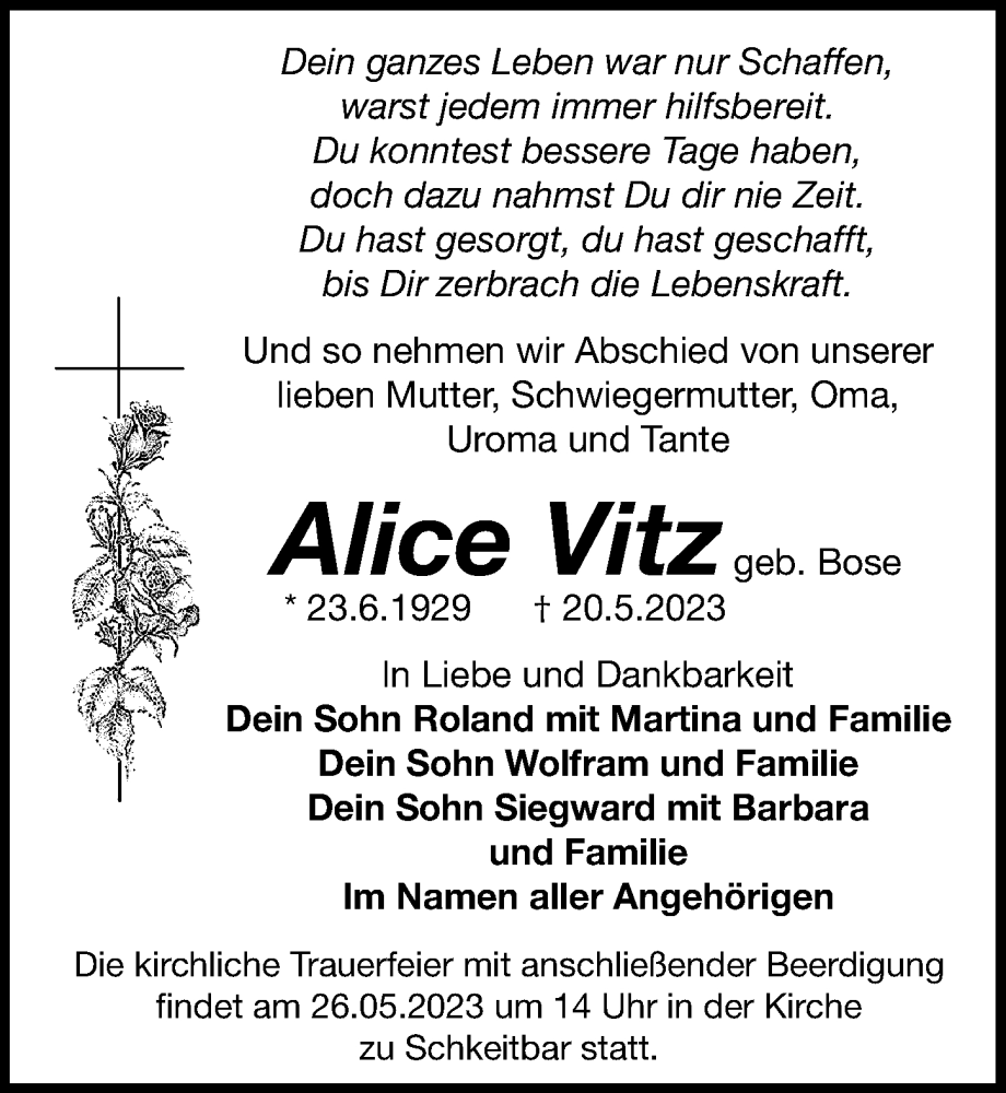  Traueranzeige für Alice Vitz vom 23.05.2023 aus Leipziger Volkszeitung