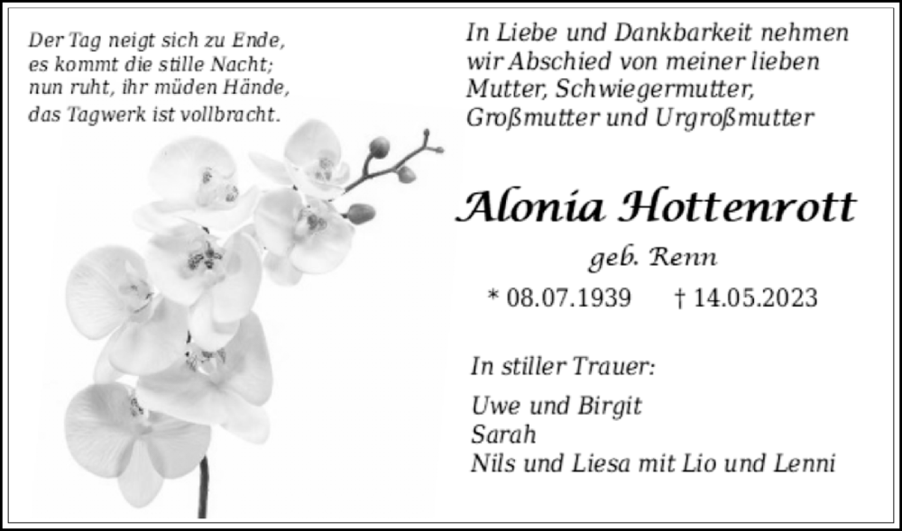  Traueranzeige für Alonia Hottenrott vom 20.05.2023 aus Göttinger Tageblatt