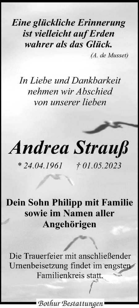  Traueranzeige für Andrea Strauß vom 13.05.2023 aus Leipziger Volkszeitung