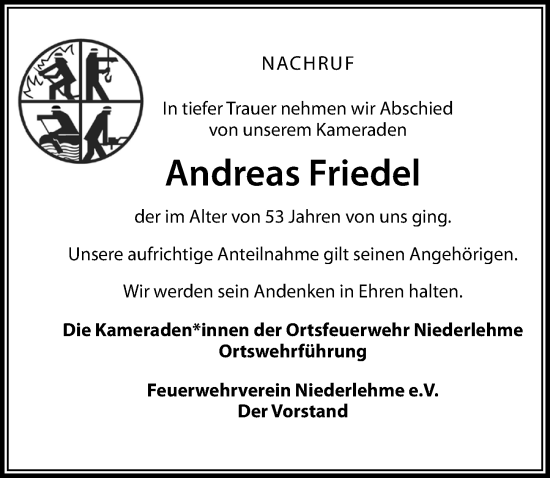 Traueranzeige von Andreas Friedel von Märkischen Allgemeine Zeitung