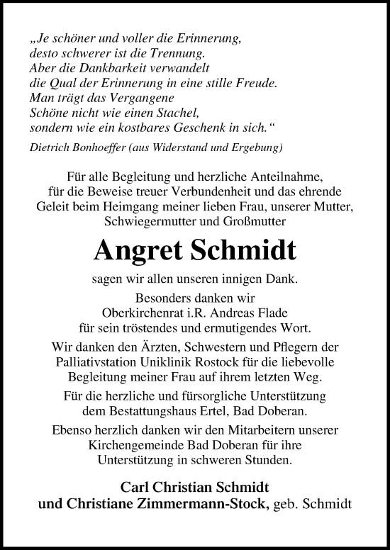Traueranzeige von Angret Schmidt von Ostsee-Zeitung GmbH