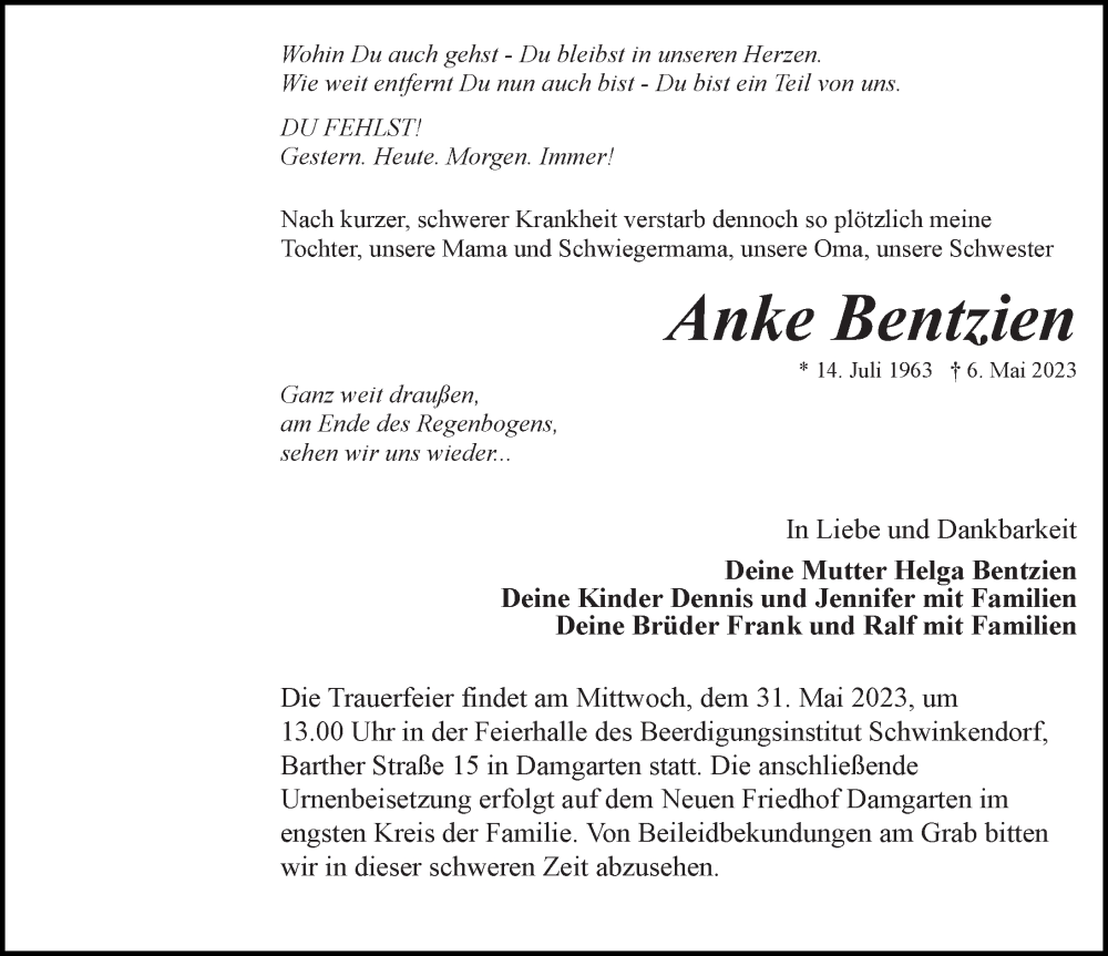  Traueranzeige für Anke Bentzien vom 13.05.2023 aus Ostsee-Zeitung GmbH