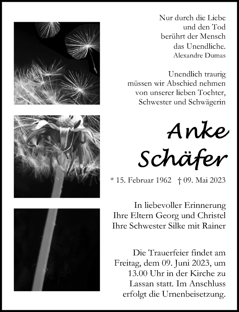  Traueranzeige für Anke Schäfer vom 20.05.2023 aus Ostsee-Zeitung GmbH