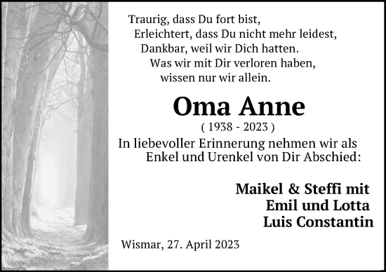 Traueranzeige von Anne  von Ostsee-Zeitung GmbH