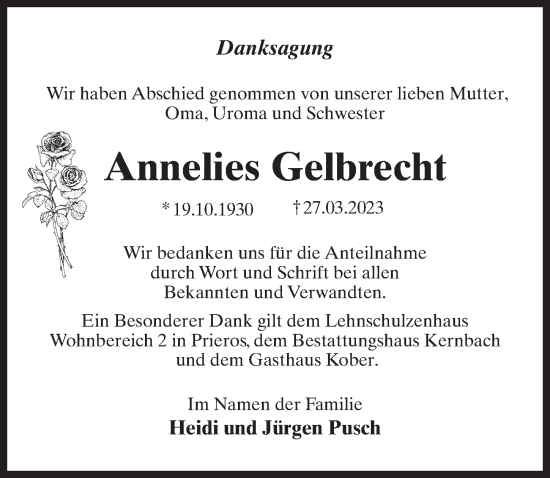 Traueranzeige von Annelies Gelbrecht von Märkischen Allgemeine Zeitung
