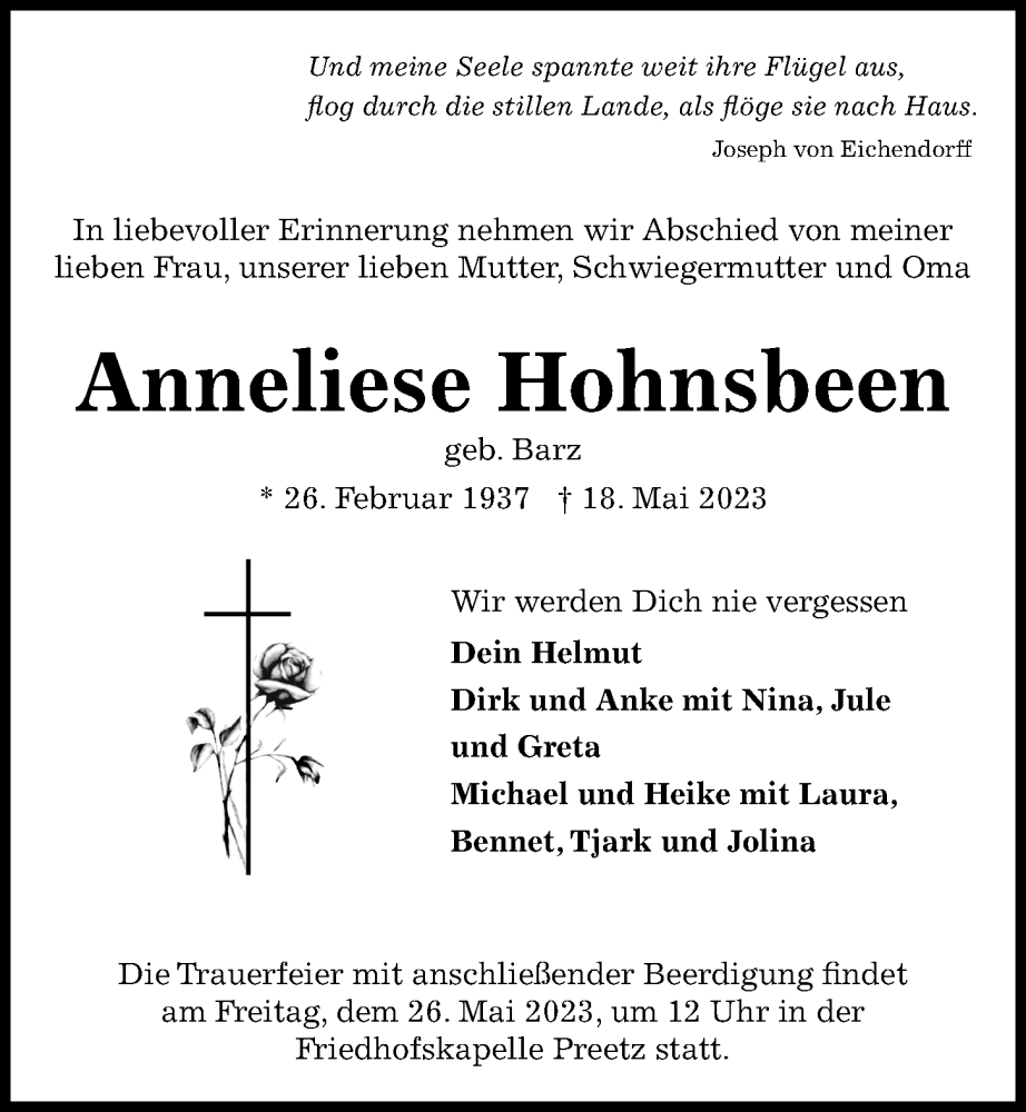  Traueranzeige für Anneliese Hohnsbeen vom 24.05.2023 aus Kieler Nachrichten