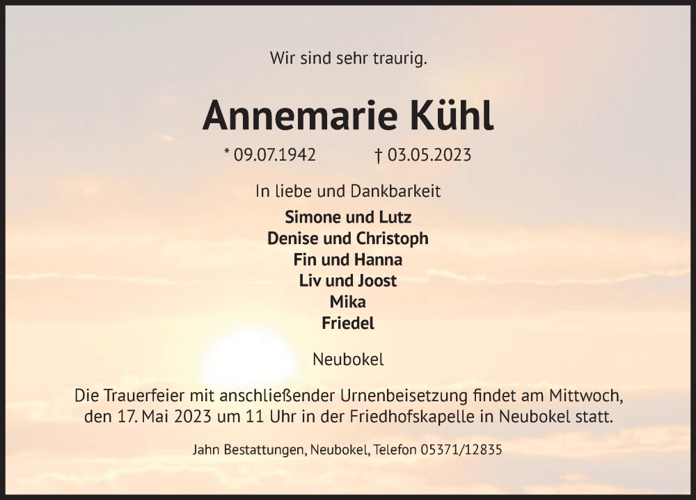  Traueranzeige für Annemarie Kühl vom 06.05.2023 aus Aller Zeitung
