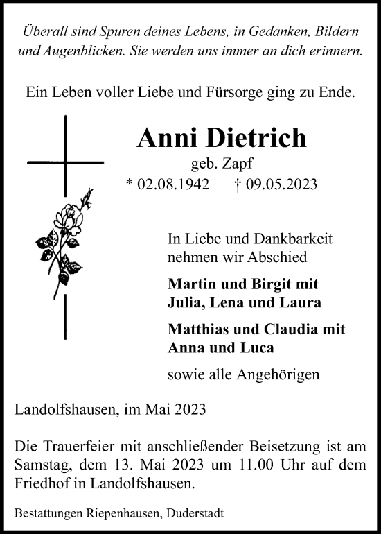 Traueranzeige von Anni Dietrich von Göttinger Tageblatt
