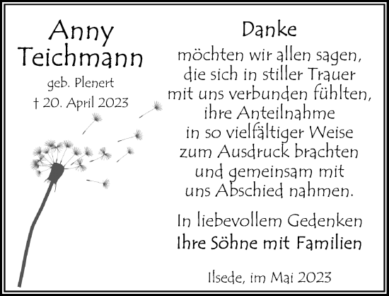 Traueranzeige von Anny Teichmann von Peiner Allgemeine Zeitung