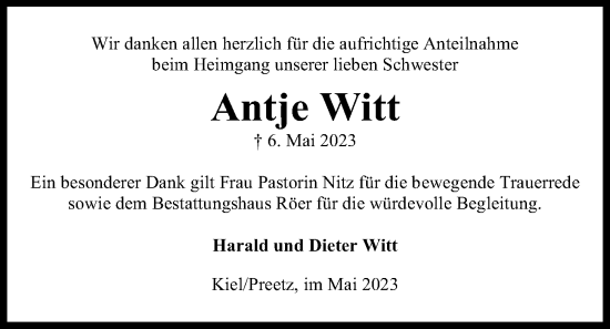 Traueranzeige von Antje Witt von Kieler Nachrichten