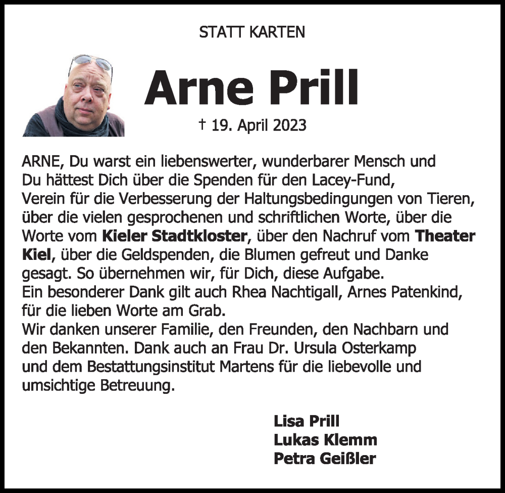  Traueranzeige für Arne Prill vom 20.05.2023 aus Kieler Nachrichten