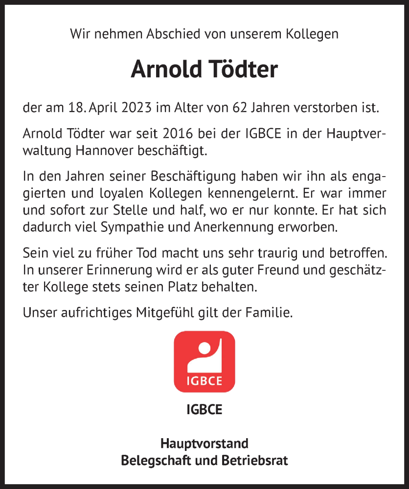  Traueranzeige für Arnold Tödter vom 06.05.2023 aus Hannoversche Allgemeine Zeitung/Neue Presse