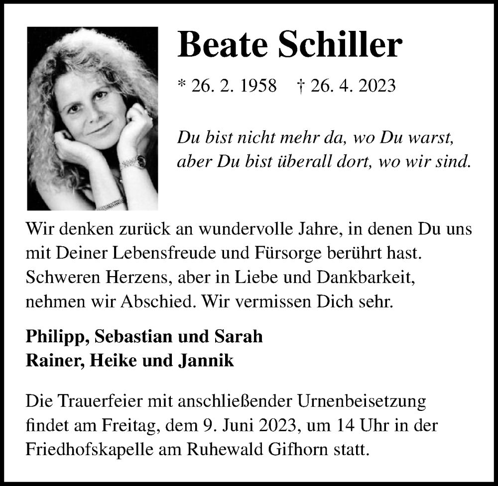  Traueranzeige für Beate Schiller vom 26.05.2023 aus Aller Zeitung