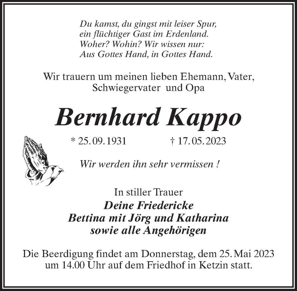  Traueranzeige für Bernhard Kappo vom 20.05.2023 aus Märkischen Allgemeine Zeitung