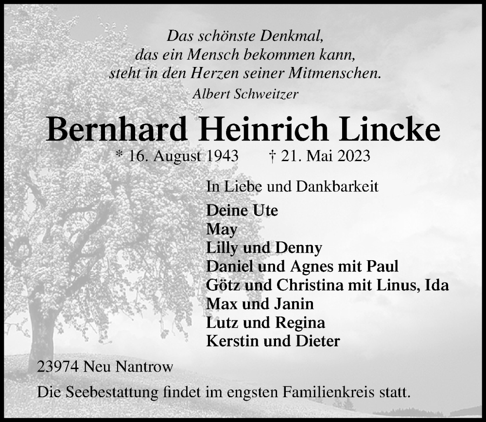  Traueranzeige für Bernhard Heinrich Lincke vom 24.05.2023 aus Ostsee-Zeitung GmbH