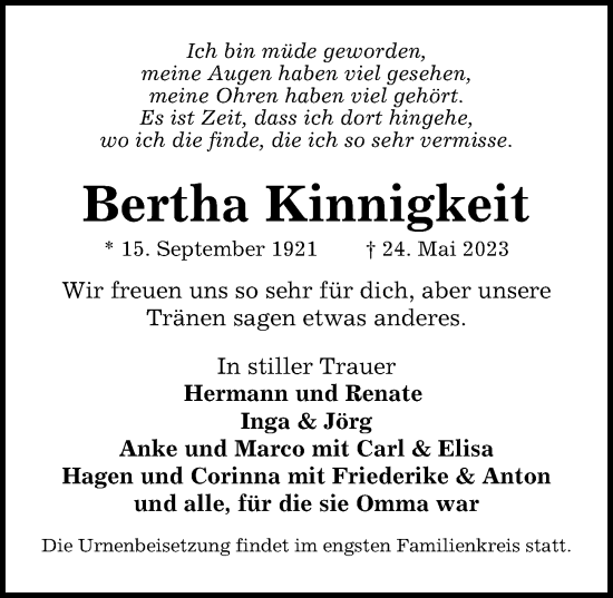 Traueranzeige von Bertha Kinnigkeit von Peiner Allgemeine Zeitung