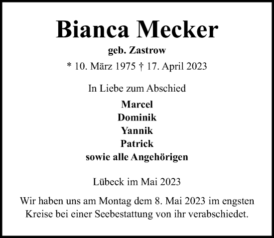Traueranzeige von Bianca Mecker von Lübecker Nachrichten