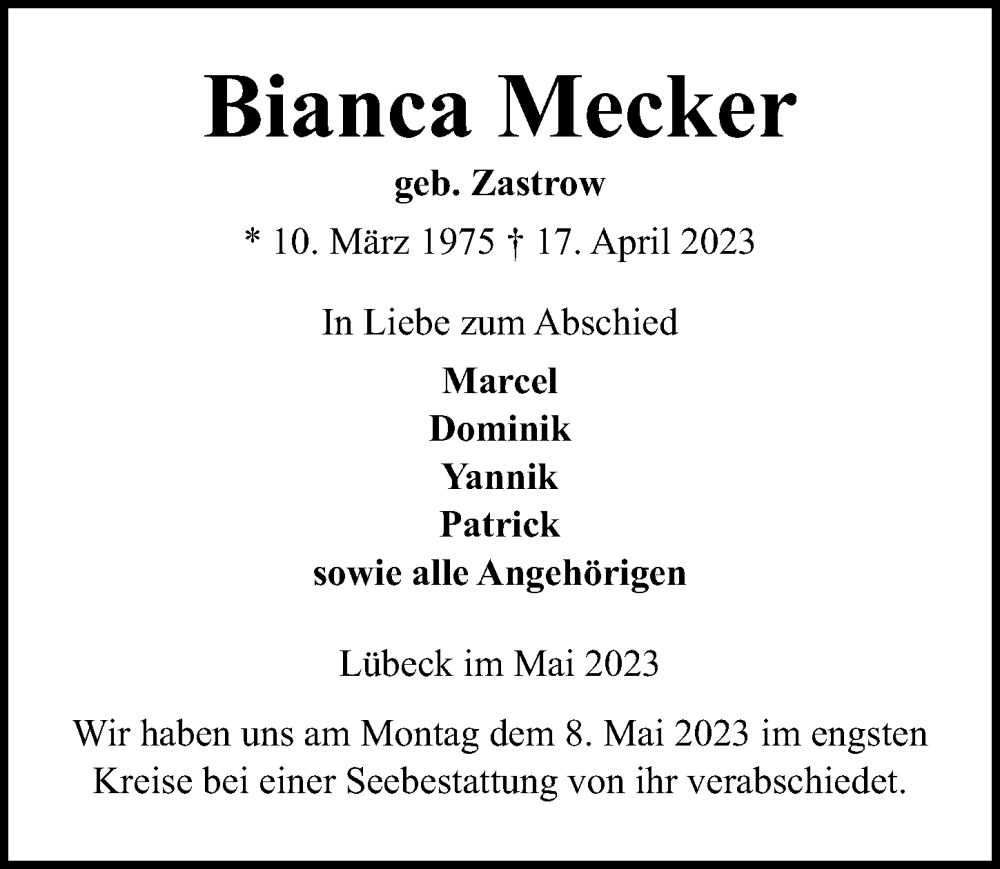  Traueranzeige für Bianca Mecker vom 21.05.2023 aus Lübecker Nachrichten