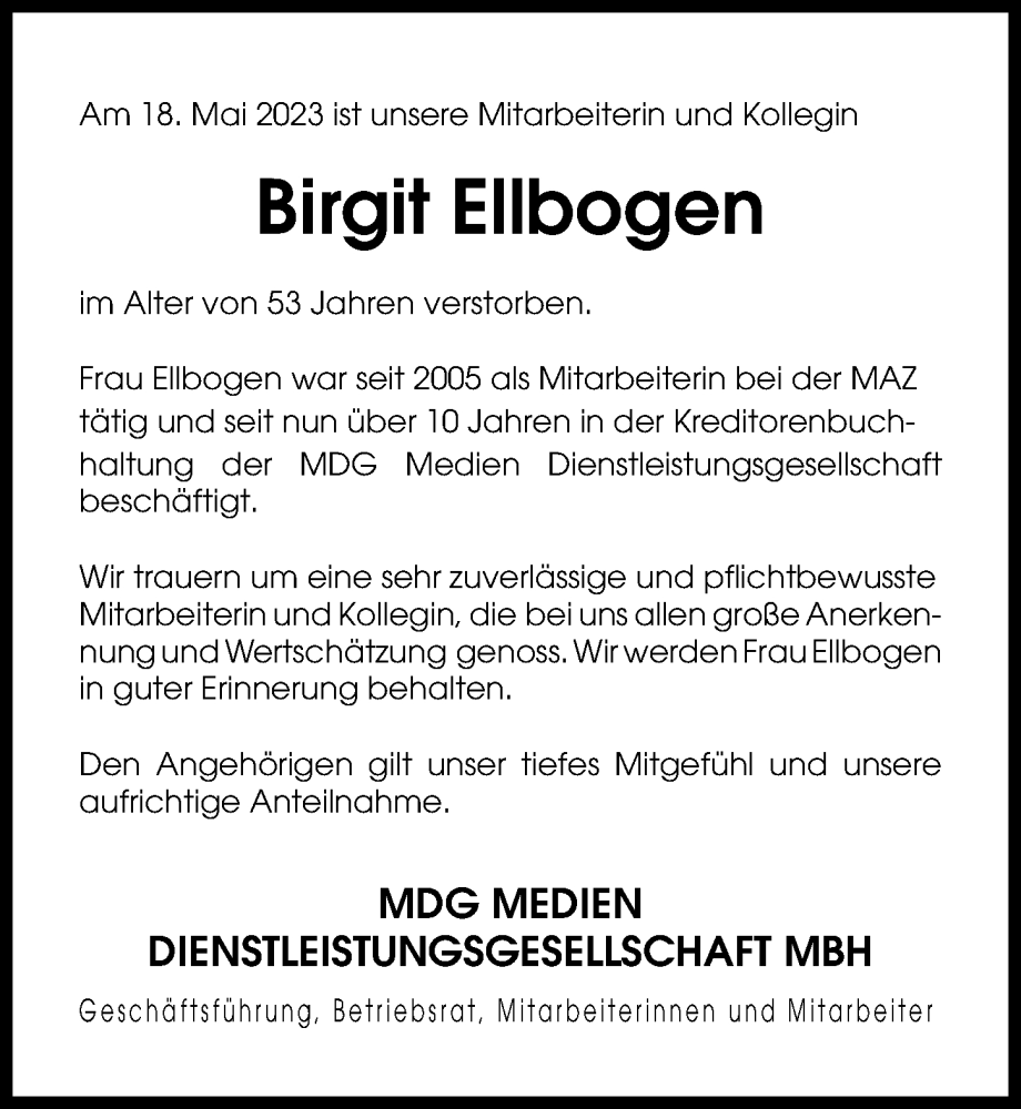  Traueranzeige für Birgit Ellbogen vom 27.05.2023 aus Märkischen Allgemeine Zeitung