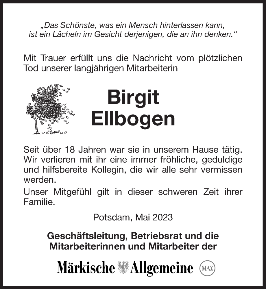  Traueranzeige für Birgit Ellbogen vom 27.05.2023 aus Märkischen Allgemeine Zeitung