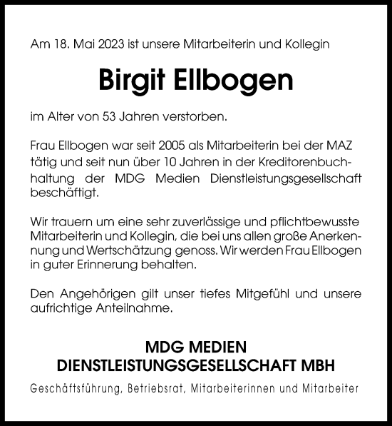 Traueranzeige von Birgit Ellbogen von Märkischen Allgemeine Zeitung