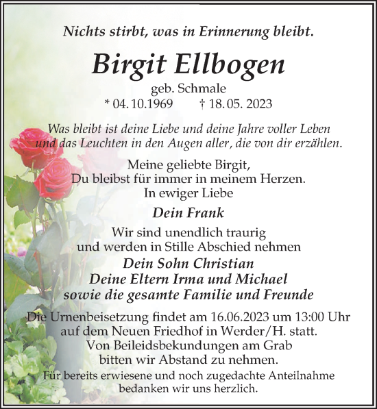 Traueranzeige von Birgit Ellbogen von Märkischen Allgemeine Zeitung