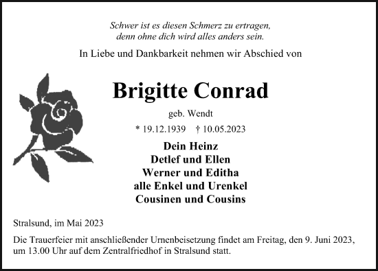 Traueranzeige von Brigitte Conrad von Ostsee-Zeitung GmbH