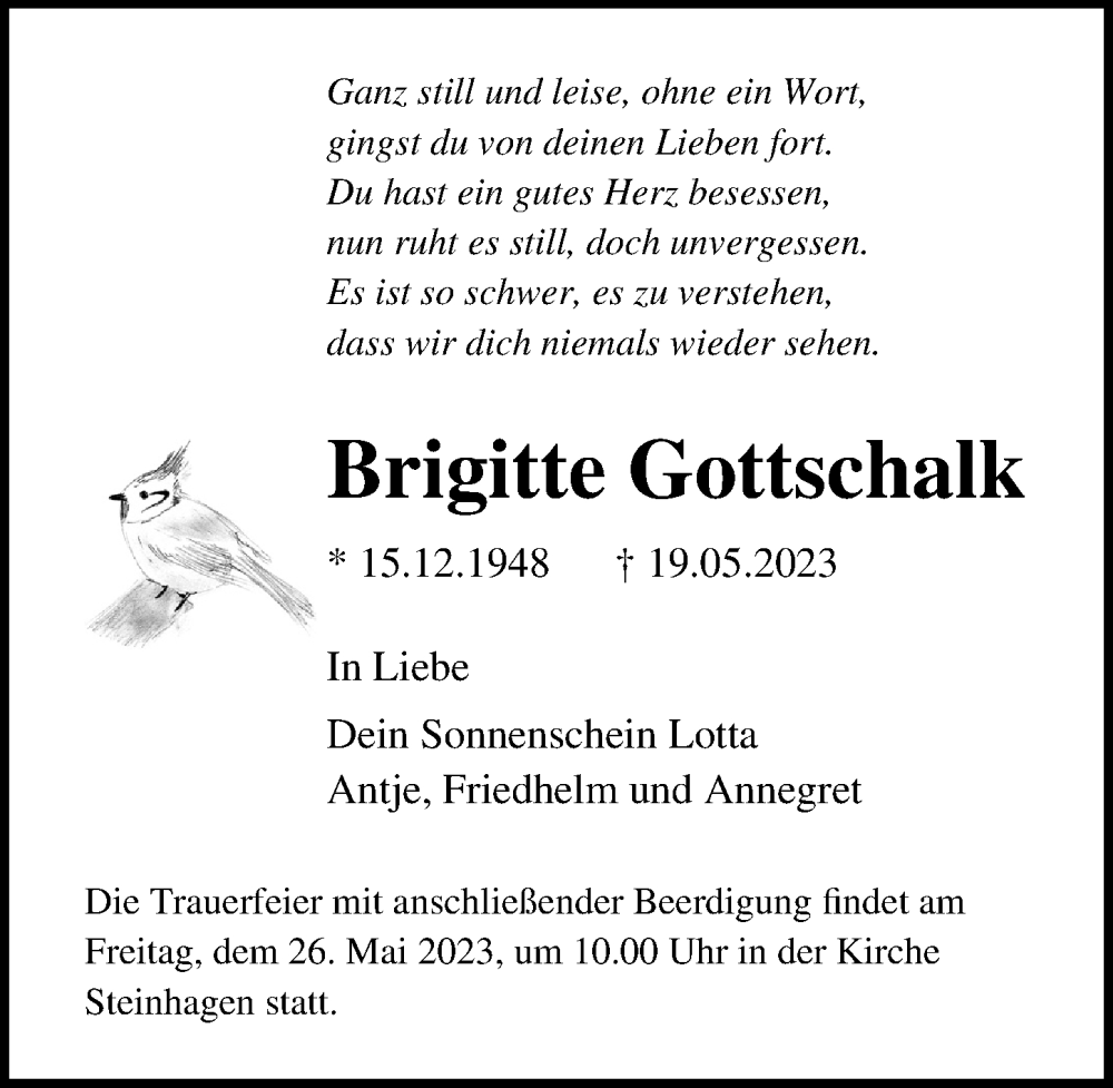 Traueranzeige für Brigitte Gottschalk vom 24.05.2023 aus Ostsee-Zeitung GmbH
