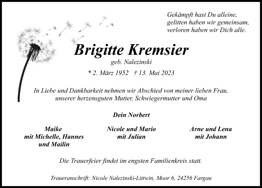  Traueranzeige für Brigitte Kremsier vom 20.05.2023 aus Kieler Nachrichten
