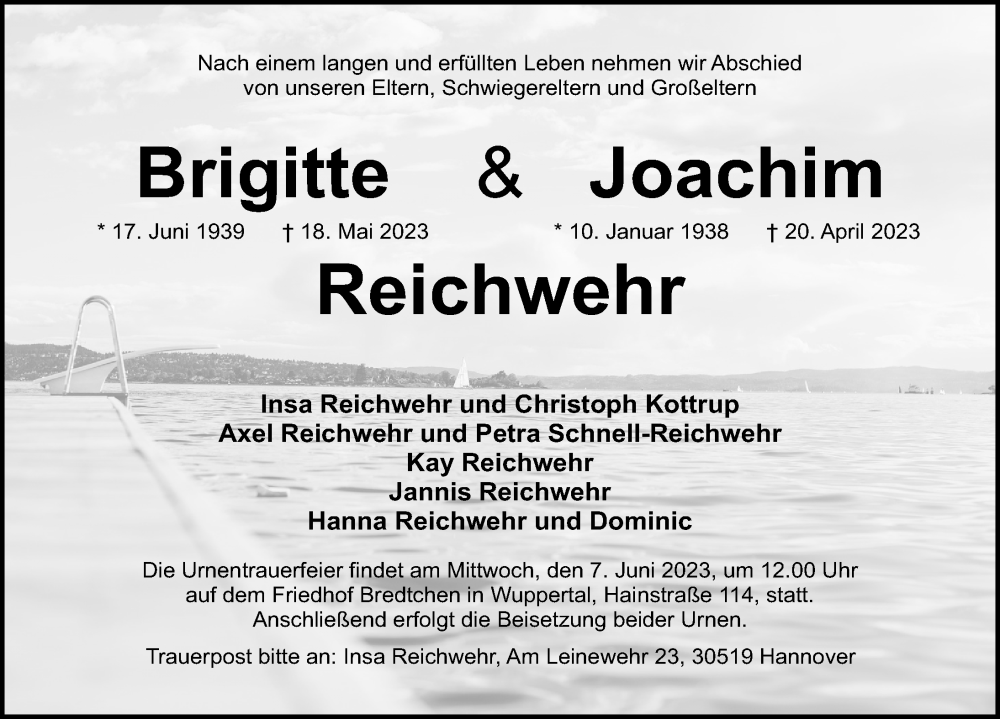  Traueranzeige für Brigitte Reichwehr vom 24.05.2023 aus Hannoversche Allgemeine Zeitung/Neue Presse