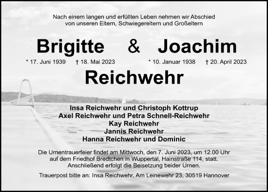 Traueranzeige von Brigitte Reichwehr von Hannoversche Allgemeine Zeitung/Neue Presse
