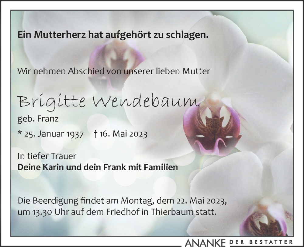  Traueranzeige für Brigitte Wendebaum vom 20.05.2023 aus Leipziger Volkszeitung