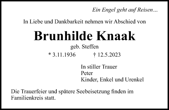 Traueranzeige von Brunhilde Knaak von Lübecker Nachrichten