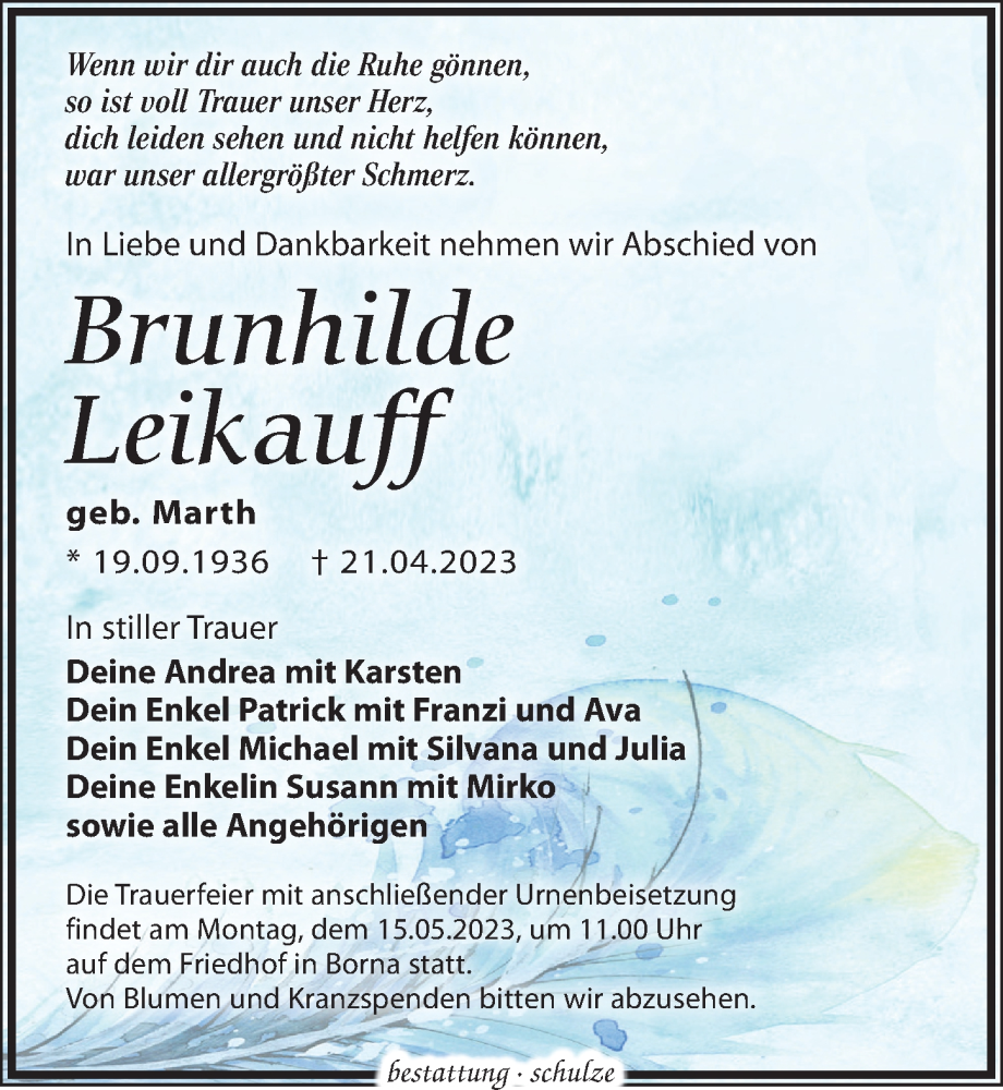  Traueranzeige für Brunhilde Leikauff vom 06.05.2023 aus Leipziger Volkszeitung