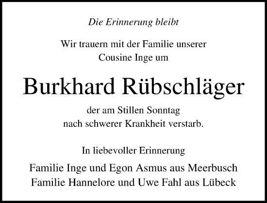 Traueranzeige von Burkhard Rübschläger von Lübecker Nachrichten