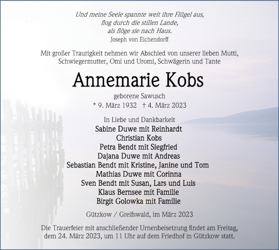 Traueranzeige von Annemarie Kobs von Ostsee-Zeitung GmbH