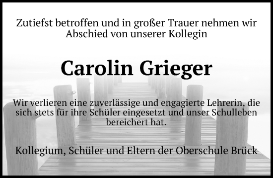 Traueranzeige von Carolin Grieger von Märkischen Allgemeine Zeitung