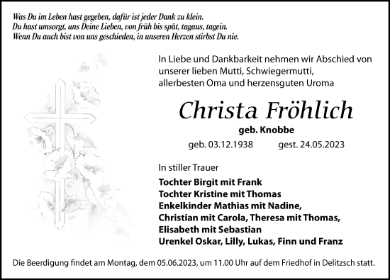 Traueranzeige von Christa Fröhlich von Leipziger Volkszeitung