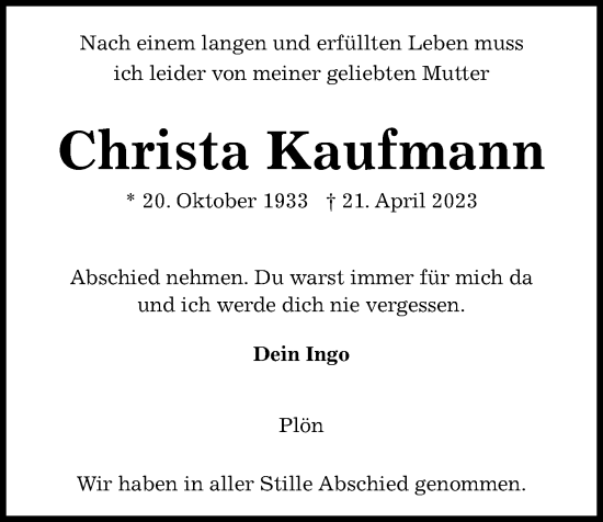 Traueranzeige von Christa Kaufmann von Kieler Nachrichten