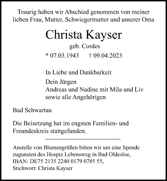 Traueranzeige von Christa Kayser von Lübecker Nachrichten