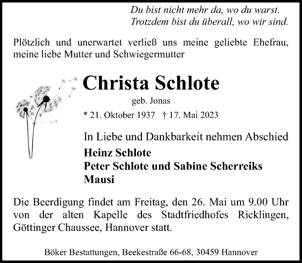  Traueranzeige für Christa Schlote vom 24.05.2023 aus Hannoversche Allgemeine Zeitung/Neue Presse