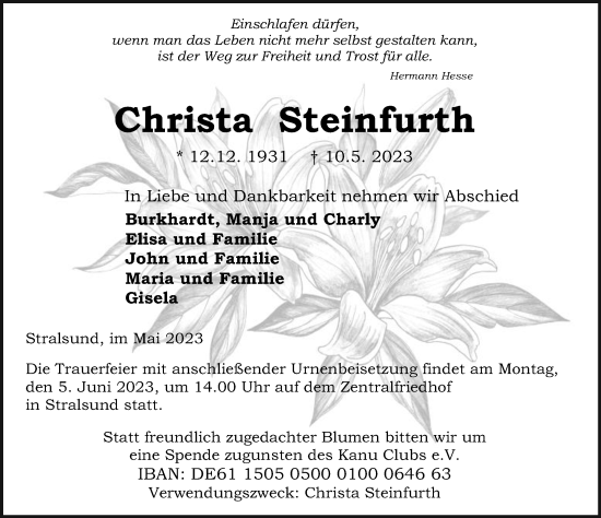 Traueranzeige von Christa Steinfurth von Ostsee-Zeitung GmbH