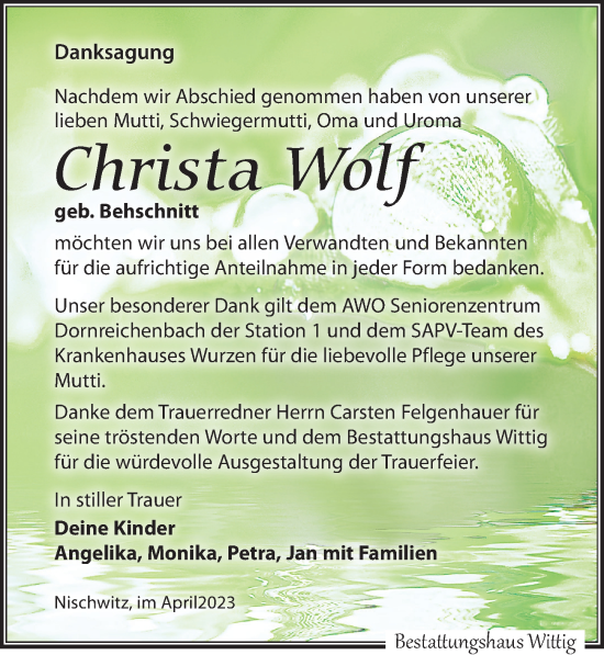 Traueranzeige von Christa Wolf von Leipziger Volkszeitung