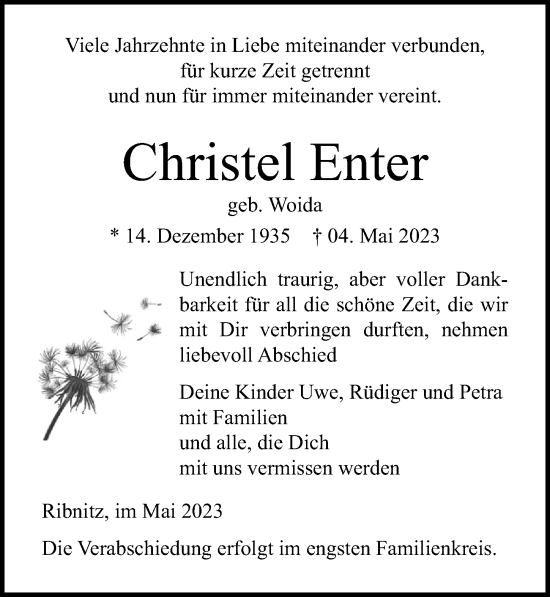 Traueranzeige von Christel Enter von Ostsee-Zeitung GmbH