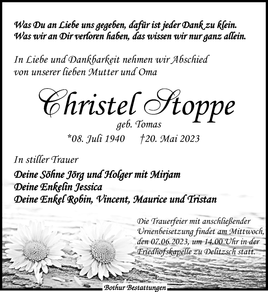  Traueranzeige für Christel Stoppe vom 27.05.2023 aus Leipziger Volkszeitung