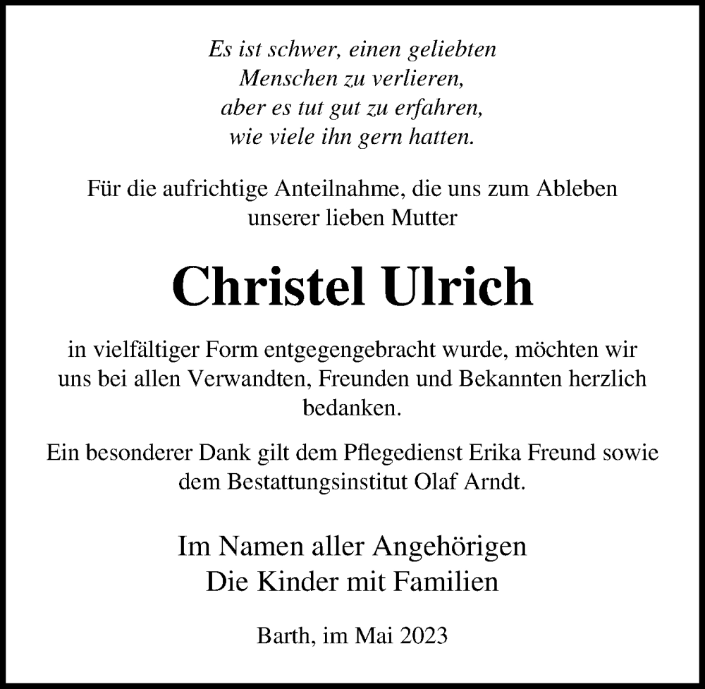 Traueranzeigen Von Christel Ulrich | Trauer-anzeigen.de