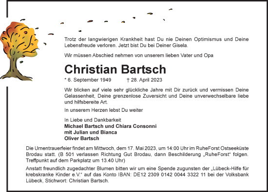 Traueranzeige von Christian Bartsch von Lübecker Nachrichten