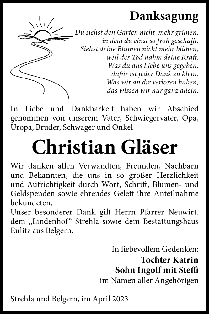  Traueranzeige für Christian Gläser vom 20.05.2023 aus Torgauer Zeitung