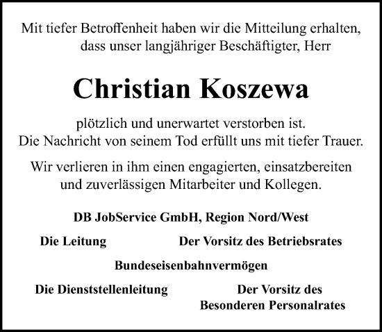 Traueranzeige von Christian Koszewa von Göttinger Tageblatt