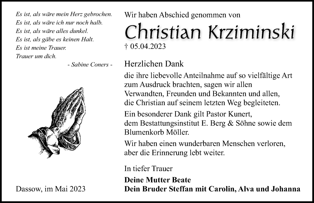  Traueranzeige für Christian Krziminski vom 17.05.2023 aus Ostsee-Zeitung GmbH